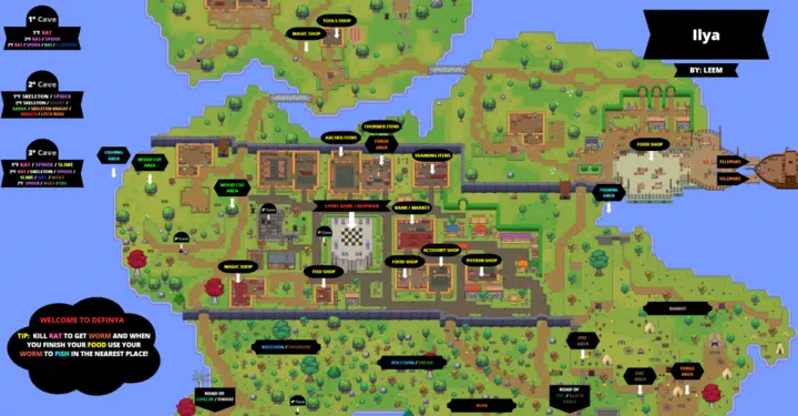 Wide island scene with water, paths and structures