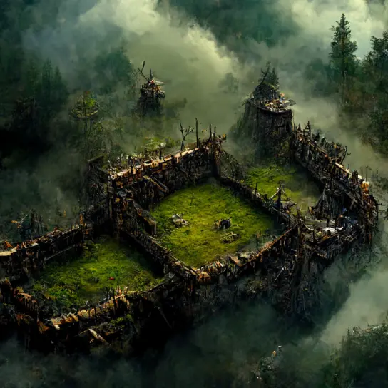 Pixel fortress area surrounded by rugged terrain